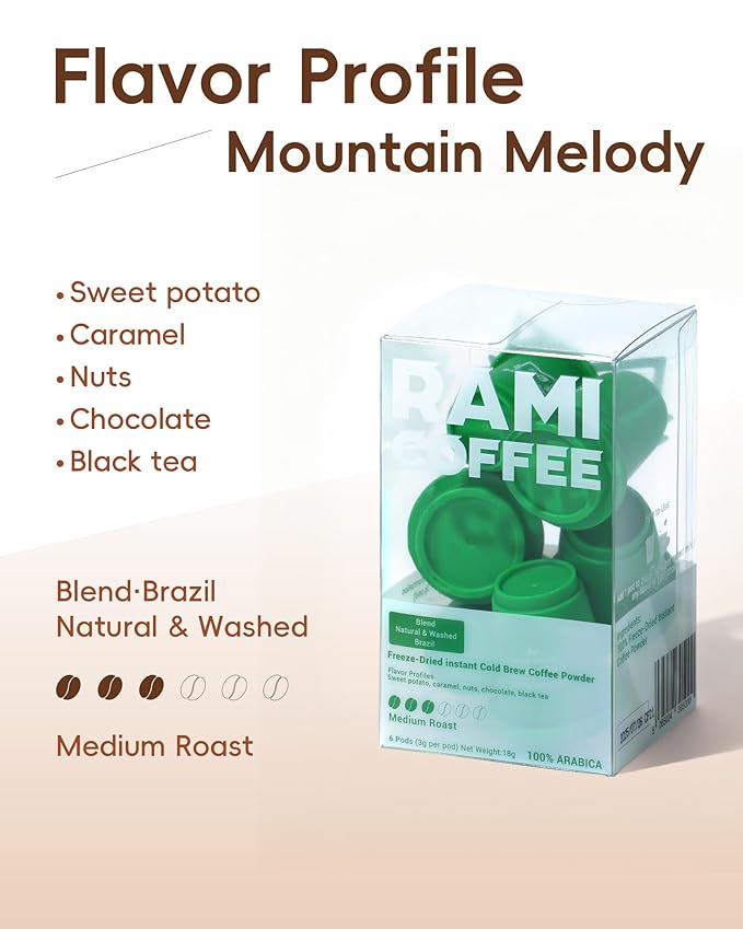 Rami Coffee Cold Brew Freeze Dried Instant Coffee Powder, Medium Roast 100% Arabica, 6 Portable Single Packets for Home Travel Backpacking Camping