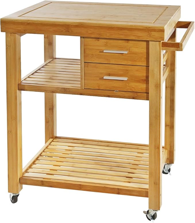 Home Aesthetics Rolling Kitchen Island Cart with Drawers Shelves, Towel Rack, Locking Casters, Butcher Block Food Prepping Cart Trolley on Wheels, Bamboo Wood