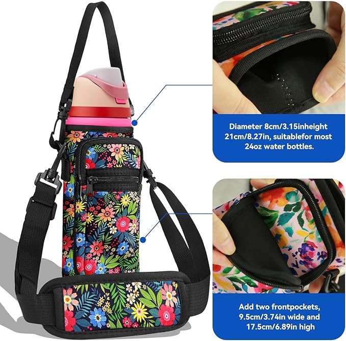 Neoprene Water Bottle Holder Bag with Cell Phone Pocket Compatible with Owala FreeSip 24 oz，Water Bottle Carrying Bag ，with Adjustable Shoulder Strap,for 24oz Stainless Steel Water Bottle
