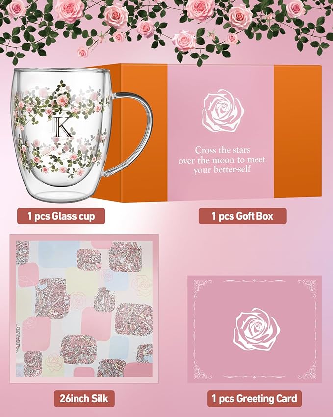 Initial Glass Cup for Women, 12oz Rose Double Walled Glass Coffee Mugs, Personalized Gifts for Women, Initial Coffee Tea Mug with Scarf, Birthday Wedding Gifts for Her Mom Teacher (ROSE-E)