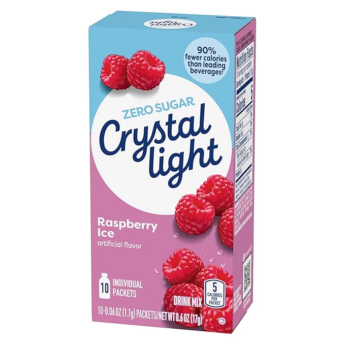 Crystal Light Drink Mix, 12 Packets, for Convenient On-the-Go Flavorful Hydration, Artificially Flavored Raspberry Ice, Zero Sugar, . 6 oz each