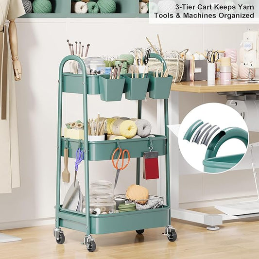 3 Tier Green Metal Rolling Cart with Lockable Wheels and Handle, 3 Tiered Utility Storage Organizer Carts for Teachers, Arts, Craft, Snack, Book, Bedside, Nursery, Cleaning Supplies, Easy Assembly