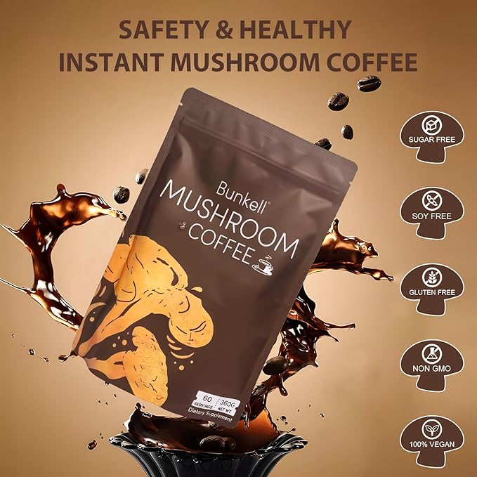 Mushroom Coffee, Adaptogenic 6 Mushrooms with Lion's Mane, Reishi, Cordyceps, Shiitake, King Trumpet & Turkey Tail, Instant Coffee Powder for Energy, Digestion & Immune Support, 60 Servings