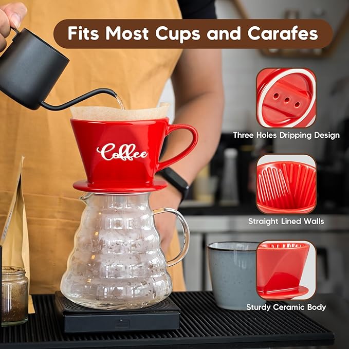 Pour Over Coffee Maker, Ceramic Pour Over Coffee Dripper, Manual Brew Maker, Red Kitchen Decor and Accessories, Single Cup Porcelain Slow Brewing Accessories for Cafe Coffee Bar