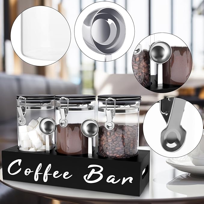 3 x 54 oz Glass Coffee Bean Storage Container with Shelf 3PCS Glass Containers with Airtight Locking Clamp Lid Spoons Coffee Canister Set Jars for Kitchen Food Storage Tea Sugar Black