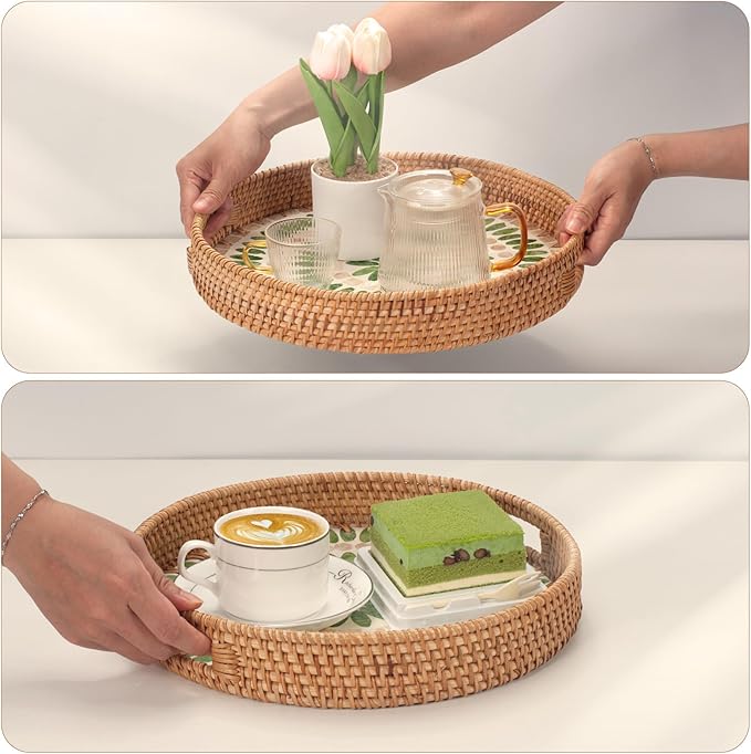 YANGQIHOME Round Serving Tray with Decorative Mother of Pearl Inlay, Wicker Tray for Home Decor, Table Decor, Gifts, Dining, Woven Tray for Food, Fruit, Coffee, 13.8 inch