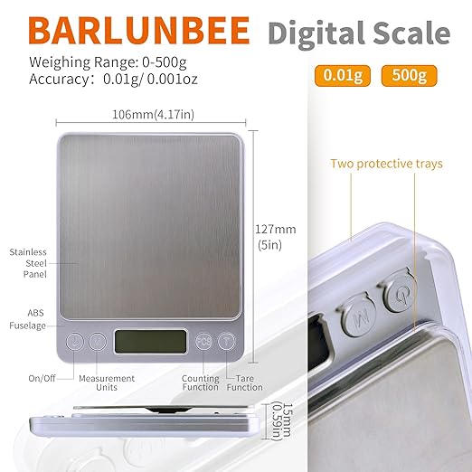 Barlunbee Gram Scale,Capacity 500g Accuracy 0.01g Mini Food Scales Digital Weight Grams and Oz,Small Kitchen High Precision for Espresso,Baking,Jewelry,Soap Making,Silver