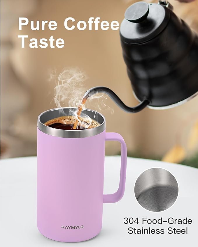 Insulated Coffee Mug 24 oz, Double Wall Stainless Steel Coffee Mug with Lids, Leak-Proof & Detachable Slider Lid for Thorough Clean, Keeps Coffee Cold for 9 Hrs, Suitable for Camp Home Office