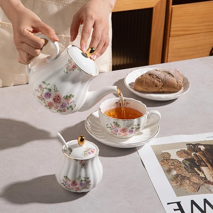 Sweejar Royal Teapot, Ceramic Tea Pot with Removable Stainless Steel Infuser, Blooming & Loose Leaf Teapot (Rose Flower, 28 Ounce)