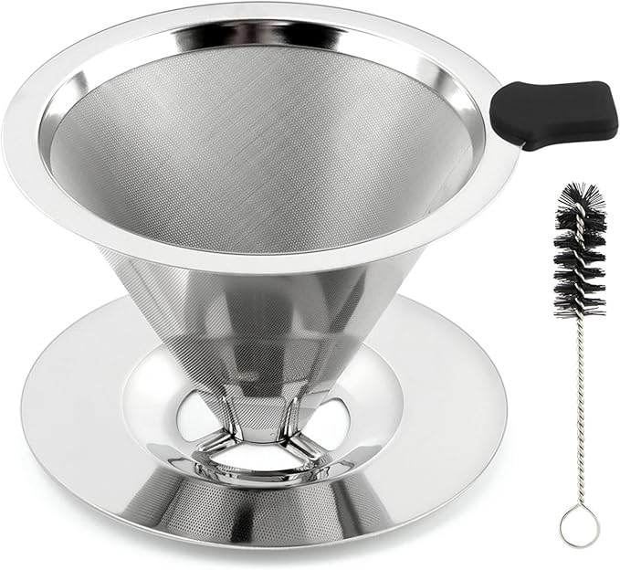Pour Over Coffee Dripper, Stainless Steel Cone Coffee Filter with Base, Dual-Layer Fine Mesh Coffe Filter, Paperless Reusable Cone Coffee' Maker Dripper with Cleaning Brush(SIZE:M)