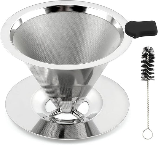 Pour Over Coffee Dripper, Stainless Steel Cone Coffee Filter with Base, Dual-Layer Fine Mesh Coffe Filter, Paperless Reusable Cone Coffee' Maker Dripper with Cleaning Brush(SIZE:M)