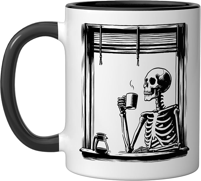 Skeleton Drinking Coffee - Minimalist Graphic Coffee Lover Ceramic Mug, Black/White
