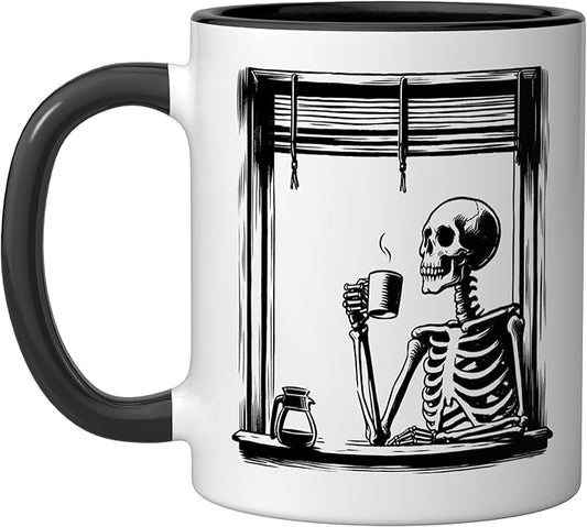 Skeleton Drinking Coffee - Minimalist Graphic Coffee Lover Ceramic Mug, Black/White