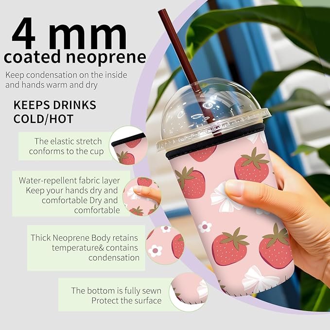 Reusable Neoprene Insulator Sleeve for Iced Coffee Cups, Medium 22-28oz Durable Drink Sleeve for Cold Beverages, Cute Beverage Holder Cup Sleeve for Women Men Cute Pink Strawberry