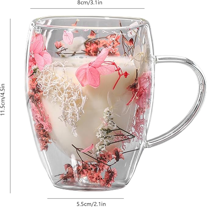 Flower Glass Double Wall Glass - 350ml Aesthetic Dried Flowers Double Wall Glass Coffee Mugs | Clear Glass Cups With Handle,Anti-Scalding Coffee Cups For Hot Beverages,Tea Or Coffee