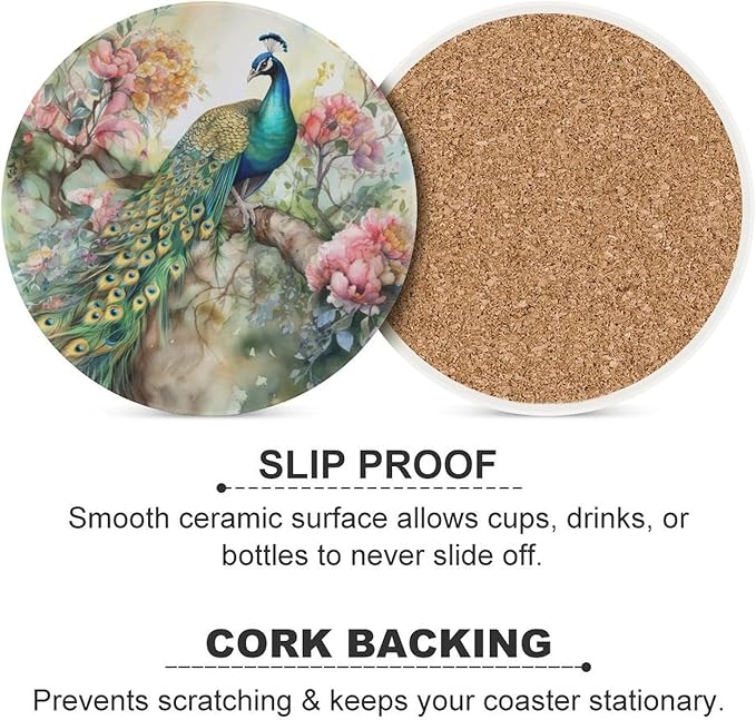 Round-4PCS Peacock Ceramic Coasters, Round Absorbent Drink Coasters, Vintage Watercolor Style Floral Beautiful Peacock Ceramic Table Coasters for Coffee, Beverage, Wine, Beer Coasters