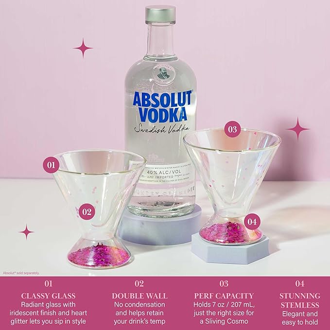 Paris Hilton 2-Piece Martini Glass Set, Double Wall Glass Design, Great for Martinis, Cocktails, Cosmopolitans, Margaritas, 207mL, 7-Ounce, Iridescent with Glitter Hearts