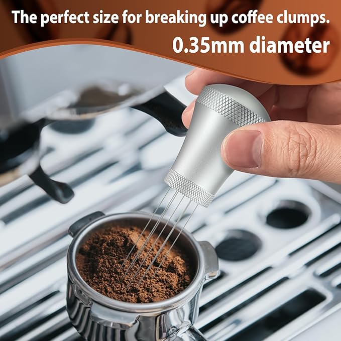 WDT Espresso Distribution Tool Espresso Stirrer Tools for Barista, 0.35mm 7 Needles Espresso Coffee Stirrer with Extra 7 Replaceable Needles, Aluminum Alloy Handle with Stand (Silver)