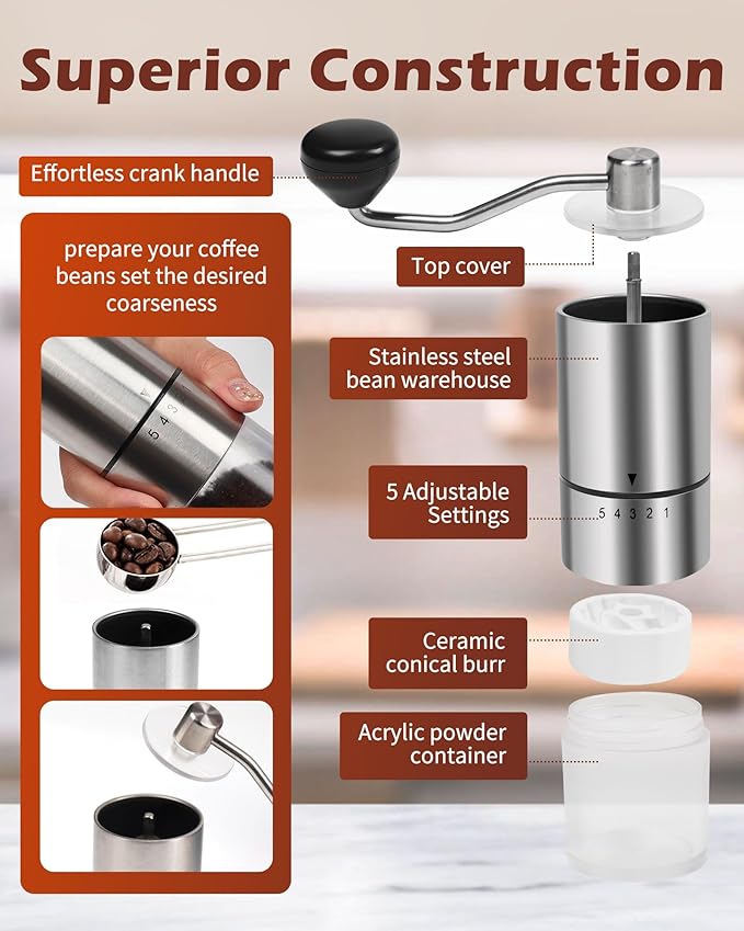 Rsoilch Manual Coffee Grinder | Ceramic Burr | 5 Grind Settings | Stainless Steel | Espresso to French Press