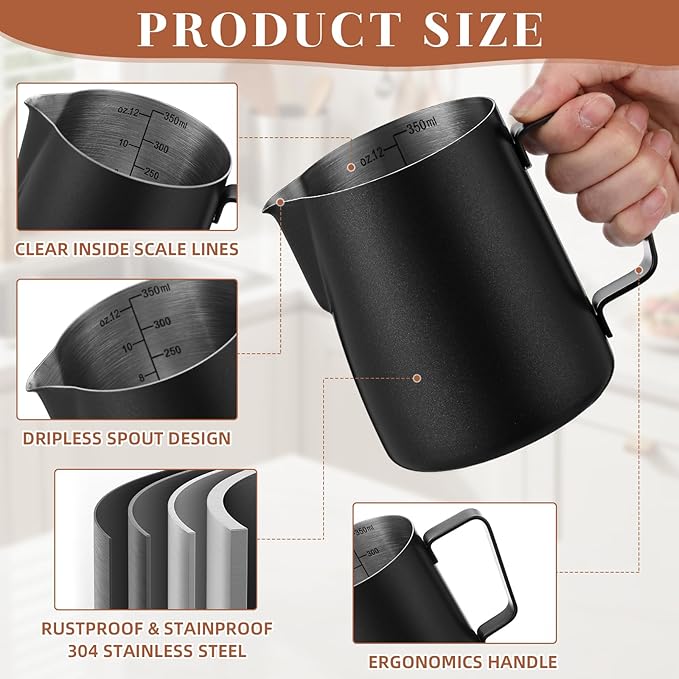 4 Pcs Espresso Accessories Kit with Espresso Cups with Handle, Milk Frothing Pitcher and Latte Art Pen Stainless Steel Cappuccino Machine Accessories for Coffee Bar(Black,100ml, 350ml)