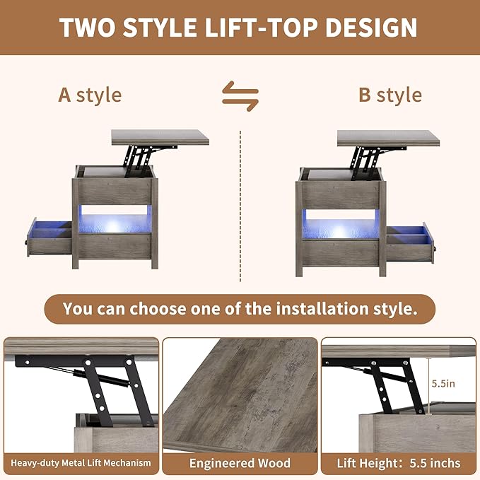 42'' Lift Top Coffee Table with LED, 4-in-1 Multifunctional Coffee Table with Drawers and Hidden Compartments, Converts to Dining Table for Living Room, Reception Room, Grey