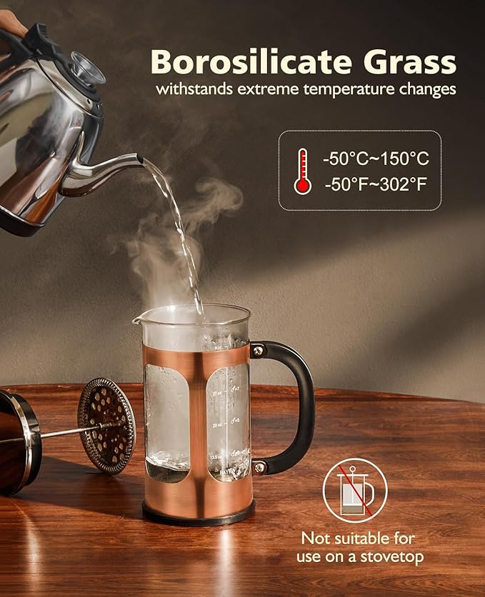 BAYKA 34oz 1 Liter French Press Coffee Maker, Coffee Lover Gifts Basket Set, Heat Resistant Thickened Borosilicate Glass Stainless Steel Brewer, Cold Brew Cafetera Teapot for Kitchen, Copper