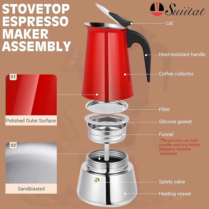 Suiitat Moka Pot, 9 Cups (15.9 oz) Stovetop Espresso Maker, 304 Stainless Steel Moka Pot, Induction Compatible, Red