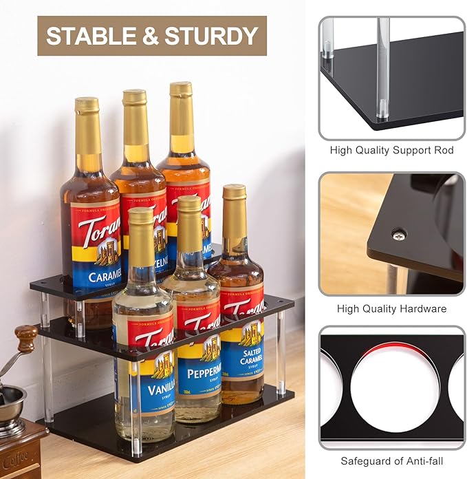 ODPEOZT Acrylic Coffee Syrup Organizer, 2 Tier Coffee Syrup Rack (6 Bottle Capacity), Syrup Bottle Holder Stand for Coffee Bar, Kitchen Countertop Syrups, Condiments and Wine (Black)