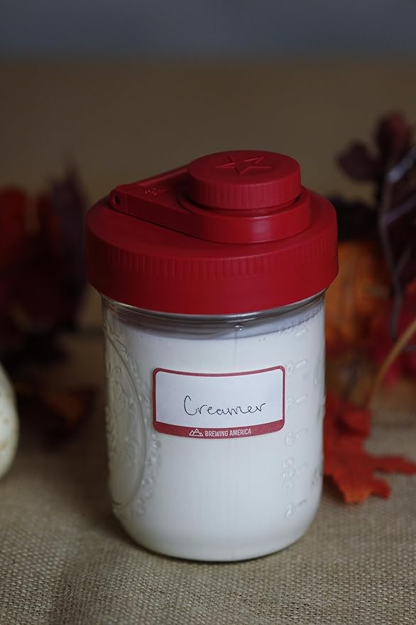 Brewing America Creamer Jar with Pouring Lid and 1 Pint (16 oz) Azure Mason Jar, Red Wide Mouth Pour Lid for Milk, Sugar, and Cream, 1-Pack