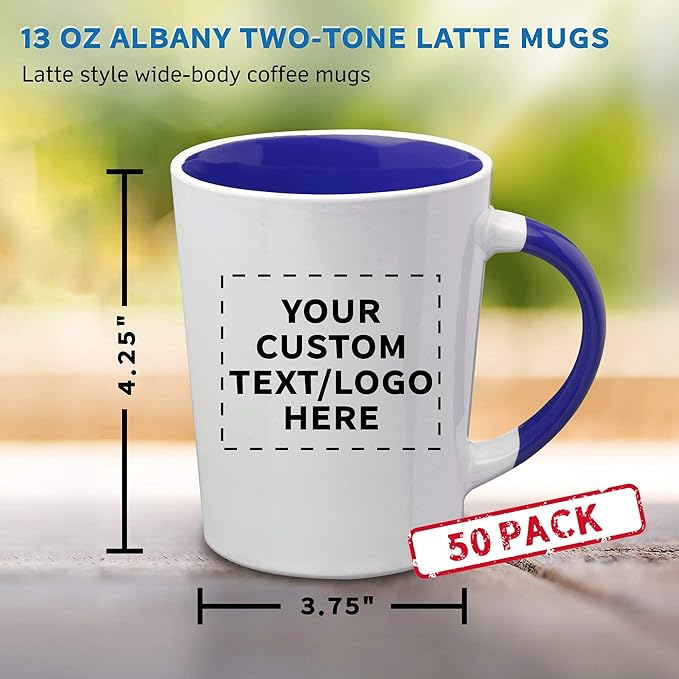 Custom Ceramic Latte Coffee Mugs by Albany 13 oz. Set of 50, Personalized Bulk Pack - Perfect for Coffee, Tea, Espresso, Hot Cocoa, Other Beverages - Cobalt Blue