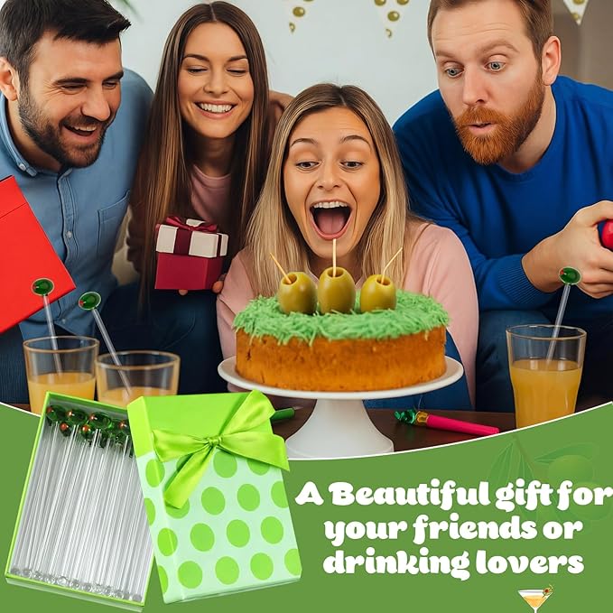 12 Pcs Glass Martini Drink Stirrers 7 Inch Olive Swizzle Sticks for Cocktails Coffee Reusable Olive Beverage Stir Sticks for Birthday Party Coffee Bar Kitchen Bar Weddings