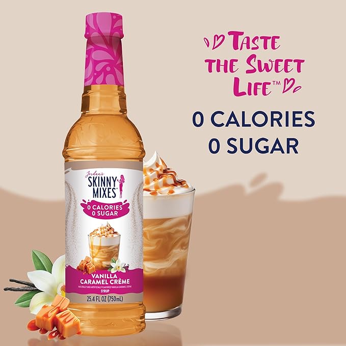 Jordan's Skinny Mixes Sugar Free Coffee Syrup, Vanilla Caramel Crème Coffee Flavoring Syrup, Zero Calorie Drink Mix, Lattes, Baking, Protein Shake or Cocktail, Dairy & Gluten Free, Kosher, 25.4 Fl Oz