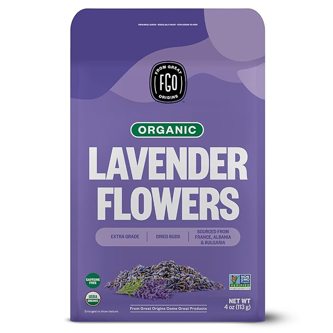 FGO Organic Dried Lavender Flowers, Extra Grade Dried Buds, Imported From France for Culinary or Sachet Bags, 4oz, Packaging May Vary (Pack of 1)