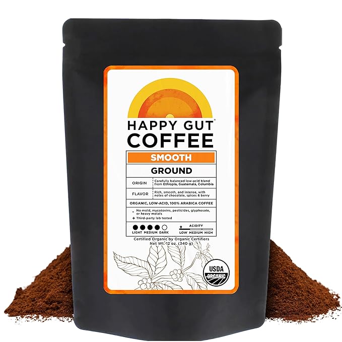 Happy Gut Coffee - Doctor-Formulated, Organic Medium-to-Dark Roast Coffee with Gut-Friendly Benefits - Gentle on Stomach - Rich Flavor, Gluten-Free, No Bitterness - 12oz - SMOOTH - Ground