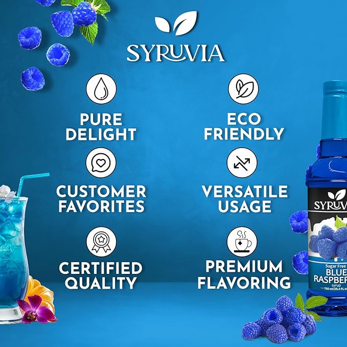 Syruvia Sugar-Free Blue Raspberry Syrup, Flavored Syrup for Drinks, Cocktails, Lemonades, Iced Teas, and Desserts – 25.4 fl oz, With Pump