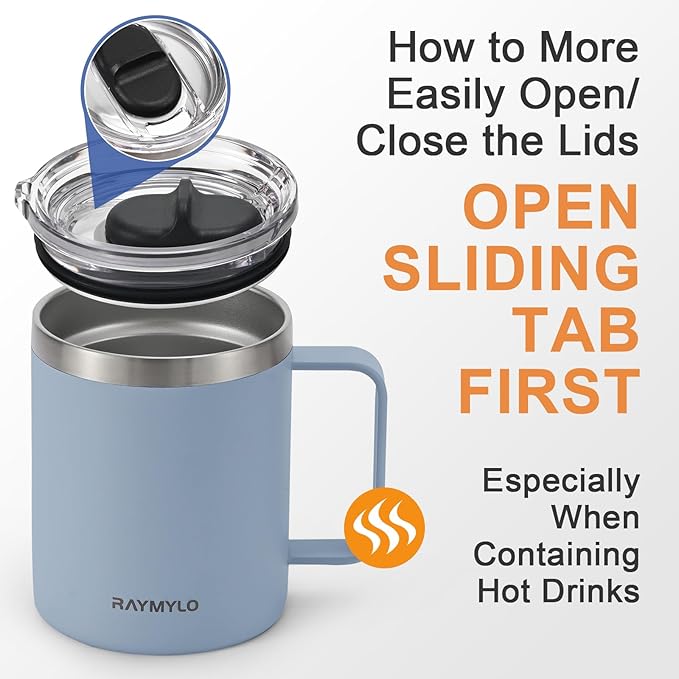 Insulated Coffee Mug 12 oz, Double Wall Stainless Steel Coffee Mug with Lids, Leak-Proof & Detachable Slider Lid for Thorough Clean, Keeps Coffee Cold for 9 Hrs, Suitable for Camp Home Office