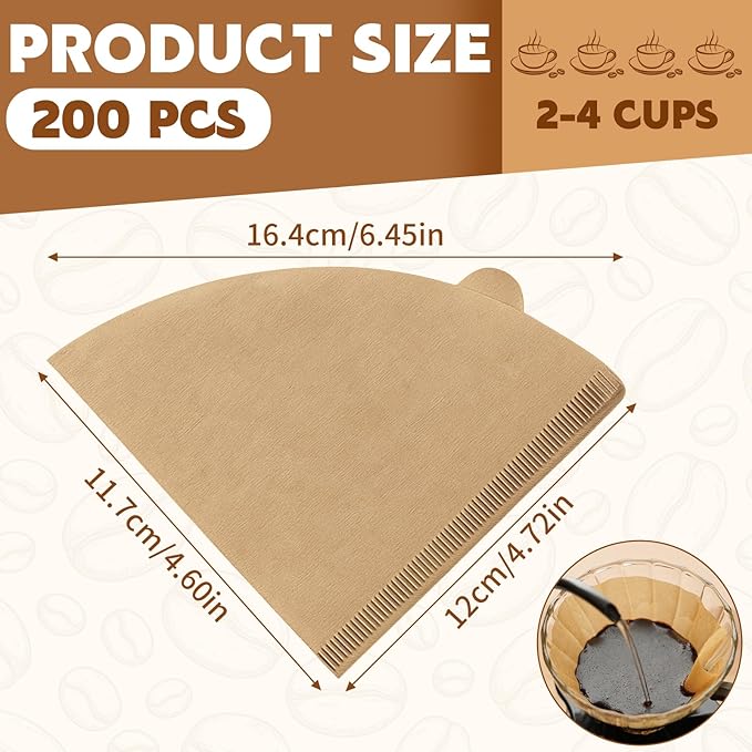200 Count Cone Coffee Filters, Coffee Filters #2 Disposable, V60 Natural Unbleached Cone Paper Filter for Pour Over and Drip Coffee Maker, Suitable for Home Coffee Shop (2-4 Cup)