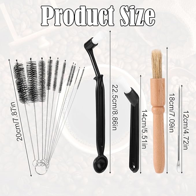 14pcs Coffee Machine Cleaning Brush Set, Wood & Plastic Espresso Grinder Maker Cleaner Kit Multifunctional Brushes for Portafilter Burrs Mugs Bottles Home & Commercial Use
