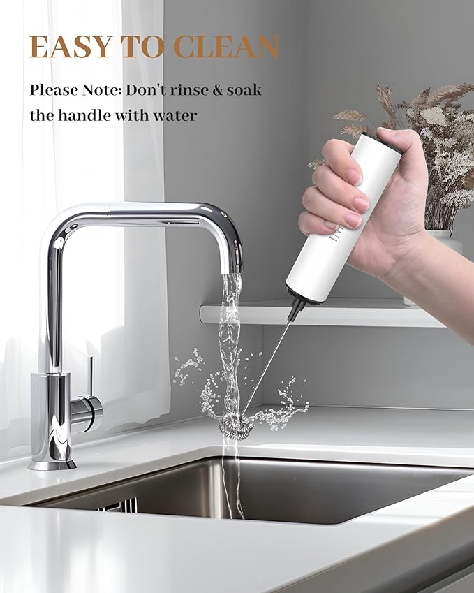 INFOOD Milk Frother Rechargeable with Cover - Coffee Frother Wand, Drink Mixer Handheld with 2 Detachable Stainless Whisks 2 Speed Adjustable for Latte, Cappuccino, Hot Chocolate, Egg, White