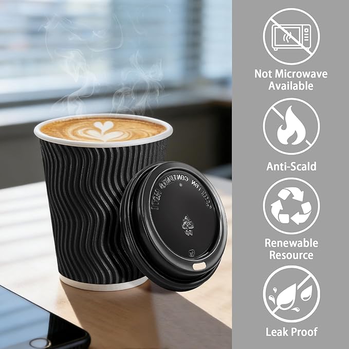 BYSNOW 500 Pack 12 oz Coffee Cups with Lids, Disposable Insulated Hot Cups To Go Paper Coffee Cups, Corrugated Ripple Wall Cup for Hot Drink, Office, Coffee Bar (Black 12 oz)