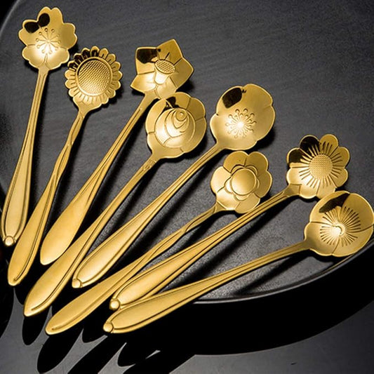 Stainless Steel Tableware Creative Flower Coffee, Sugar, Stir, Mix, Stir Bar, Tea, Cake, Sugar, Dessert Ice Cream Spoon Set of 8, Gold