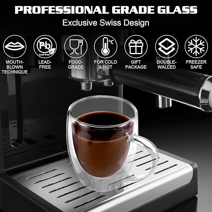 Clear Glass Double Wall Insulated Round Coffee Mugs Set of 4 Pieces - Medium Size 12oz Best Reusable Coffee Mug for Home Cafe Restaurant Perfect for Espresso Capucinno Lungo Latte Coffee
