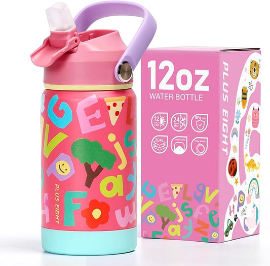 Kids Insulated Water Bottle with Straw Lid, 12 oz BPA-FREE Double Wall Vacuum Tumbler 18/8 Stainless Steel Leak Proof Kids Cups with Straw for School Travel Boys Girls (Pink Letters)