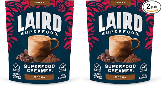 Laird Superfood Non-Dairy Coffee Creamer Mocha, Shelf-Stable Superfood Non-Dairy Powder Creamer, Gluten Free, Non-GMO, Vegan, 16 oz. Bag, Pack of 2