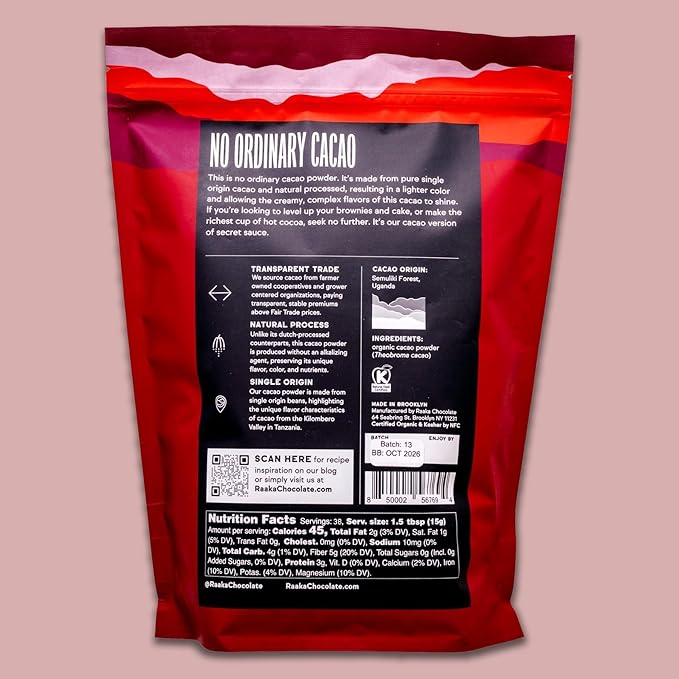 Raaka Chocolate Organic Cacao Powder - Unsweetened, Non-Alkalized, Perfect for Baking, Substitute for Cocoa Powder - Gluten-Free, Soy-Free, Sugar-Free, Allergen-Friendly - 2LB Resealable Bag
