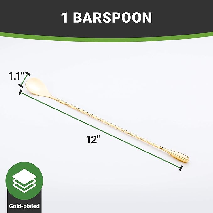 Restaurantware Bar Lux 12 Inch Bar Spoon 1 Corkscrew Handle Cocktail Stirrer Spoon - Long Commercial Gold-Plated Stainless Steel Cocktail Mixing Spoon For Stirring And Mixing