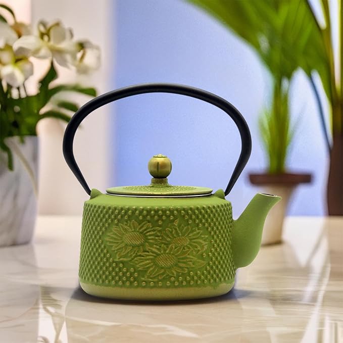 Cast Iron Teapot with Sunflower Pattern,SECHUDO Tea Kettle Coated with Enameled Interior for Loose Tea,Green Cast Iron Teapot with Stainless Steel Infuser for Stovetop Safe (28.7oz/850ml)