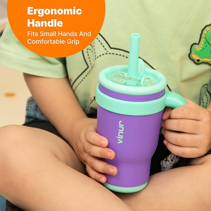 VINUR Kids Tumbler with Handle-14 oz Stainless Steel Double Wall Vacuum Tumbler with Straw, Travel Leak Proof Water Cup with Lid (Rose Pink)