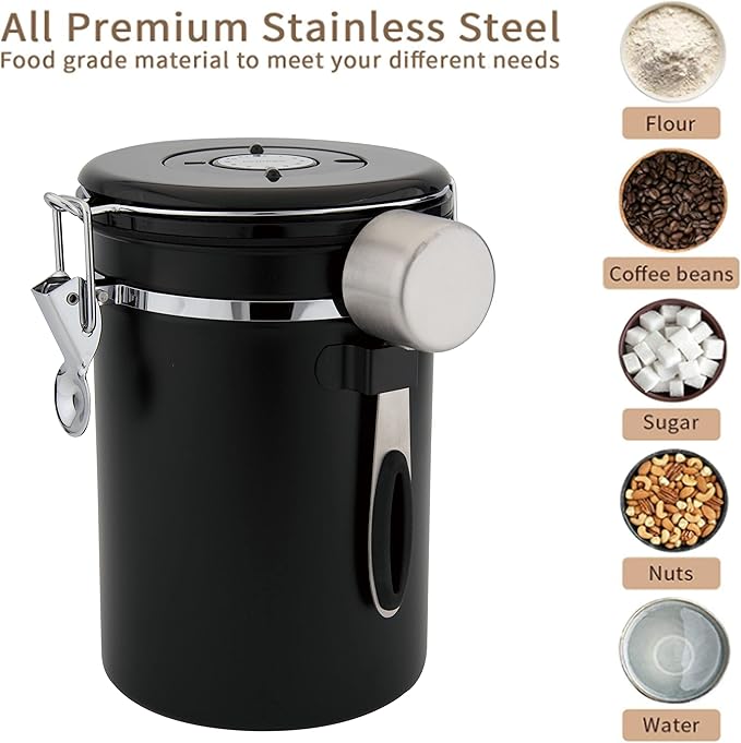 Kmass Kmaxx 2pack 22oz Airtight Stainless Steel Coffee Canister Food Storage Container with Date Tracker and Measuring Scoop for Coffee Beans or Grounds, Tea, Sugar, Rice (BLACK)