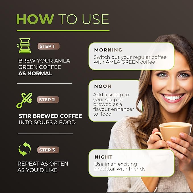 Amla Green Organic Ground Superfood Coffee, Medium Roast Gourmet Coffee with Antioxidant Rich Indian Gooseberry, 100% Arabica Special with Amla Benefits, 16 Oz